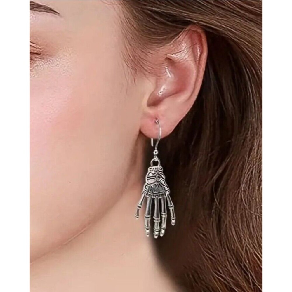 Bone Skeleton Hand Earrings Dangle Halloween Gothic Silver